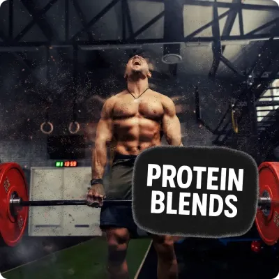Athlete lifting barbell in gym with Protein Blends text, highlighting Natural Body’s selection of blended protein powders.
