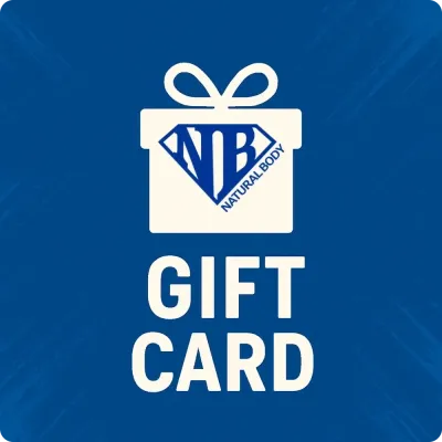 Blue Natural Body gift card design with NB logo on present icon, highlighting supplement store digital gift cards.