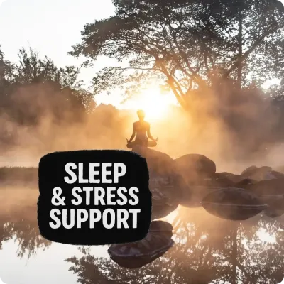 Person meditating at sunrise with Sleep &amp; Stress Support text, highlighting supplements for rest and relaxation.