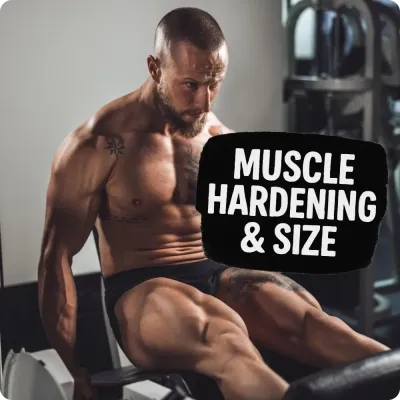 Muscular man training on leg machine with Muscle Hardening &amp; Size text, featuring muscle support supplements.