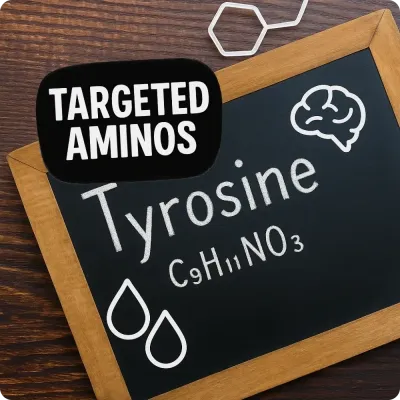 Chalkboard with tyrosine formula and Targeted Aminos text, featuring amino supplements for focus and recovery.