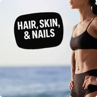 Woman in fitness wear by the ocean with Hair, Skin &amp; Nails text, highlighting a selection of beauty-focused supplements.