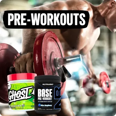 Athlete lifting barbell with Ghost and NutraBio pre-workout tubs, highlighting supplements for workout energy.