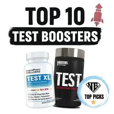 Top 10 Test Boosters graphic highlighting Natural Body’s best-selling products in the testosterone booster supplement lineup.