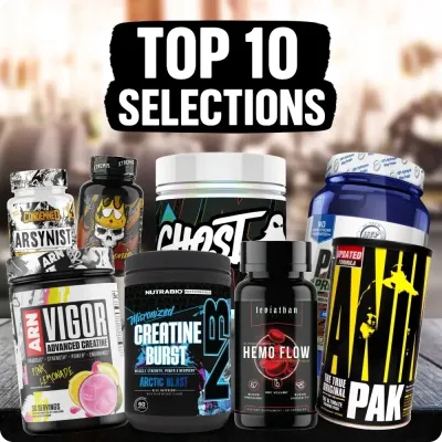 Group of top supplement tubs and bottles with bold text, featuring Natural Body best-seller products from multiple categories