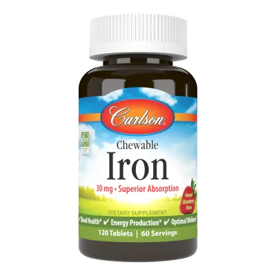 Carlson Chewable Iron 30 mg, natural strawberry-flavored, 120 tablets, dietary supplement for blood health and energy production.