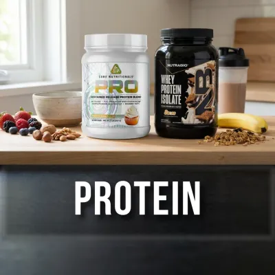 Two protein supplement containers displayed on a kitchen counter with fruit and oats.