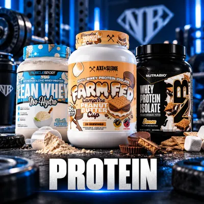 Protein supplements featuring Axe & Sledge Farm Fed, MuscleSport Lean Whey, and NutraBio Whey Isolate.