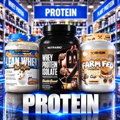 Protein supplements featuring MuscleSport Lean Whey, NutraBio Whey Isolate, and Axe &amp; Sledge Farm Fed in a store aisle.
