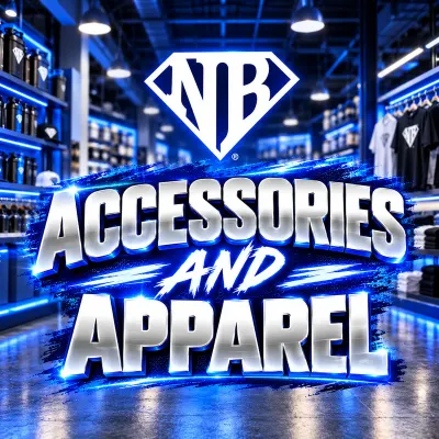 Natural Body accessories and apparel featuring NB-branded shaker bottles, fitness clothing, and store displays.