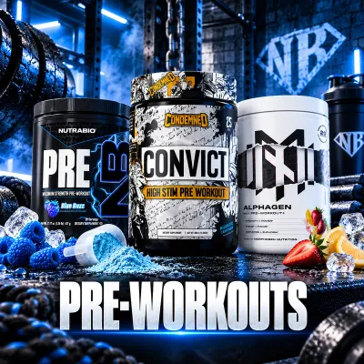 Pre-workout supplements featuring Condemned Convict, NutraBio PRE, and Morphogen Alphagen.