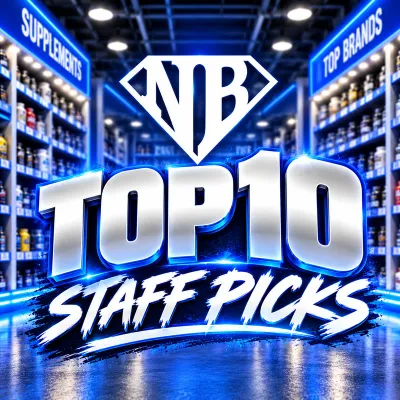 Natural Body Top 10 Staff Picks with white NB logo, metallic lettering, and blue-lit supplement store shelves.