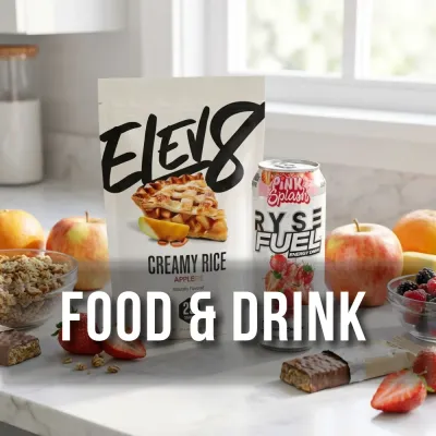 Healthy snacks and nutrition products displayed on a kitchen countertop.