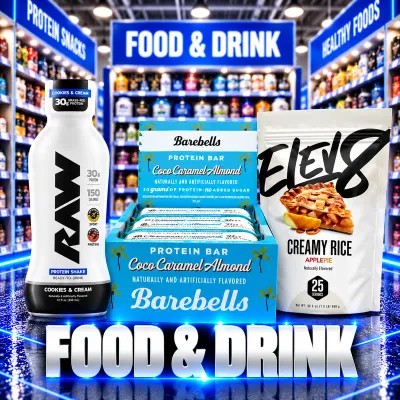 Food and drink featuring RAW Cookies &amp; Cream protein shake, Barebells Coco Caramel Almond bars, and Elev8 Creamy Rice.