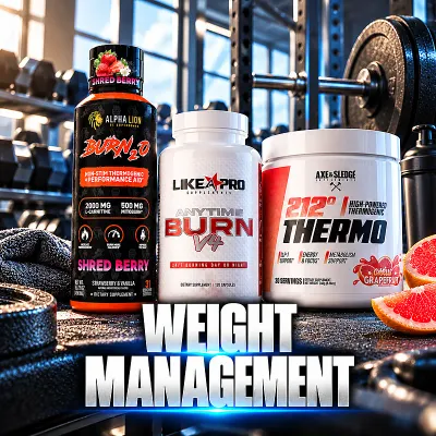 Weight management supplements featuring Alpha Lion Burn 2.0, Like A Pro Anytime Burn V4, and Axe & Sledge 212° Thermo.