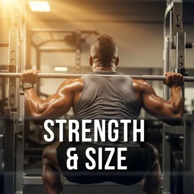 Athlete performing squats in a gym representing strength &amp; size muscle-building supplements.