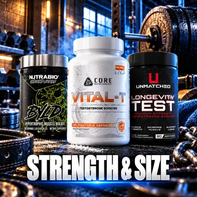 Strength and size supplements featuring NutraBio BYLD, Core Vital-T, and Unmatched Longevity Test in a weightlifting gym.