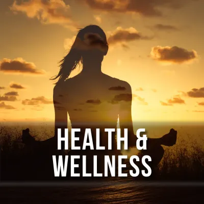 Woman meditating at sunset representing health and wellness supplements.