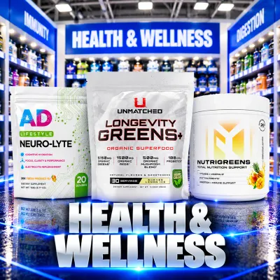 Health and wellness supplements featuring Project AD Neuro-Lyte, Unmatched Longevity Greens+, and Morphogen NutriGreens.