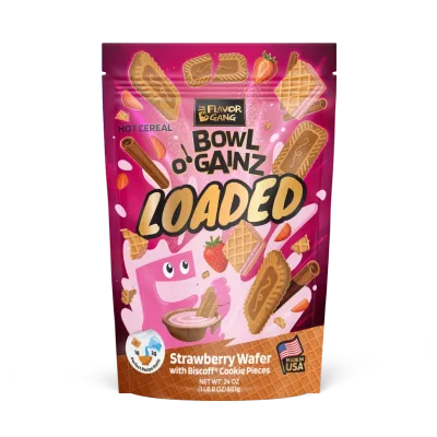 The Flavor Gang Bowl O' Gainz Loaded Strawberry Wafer hot cereal bag with Biscoff cookie pieces