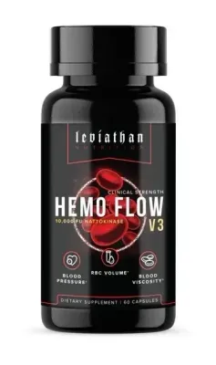Leviathan Nutrition Hemo Flow V3 supplement bottle, black with red accents, featuring 60 capsules supporting hematocrit, blood viscosity, and blood pressure.