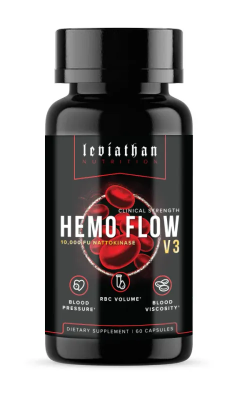 Leviathan Nutrition Hemo Flow V3 supplement bottle, black with red accents, featuring 60 capsules supporting hematocrit, bloo