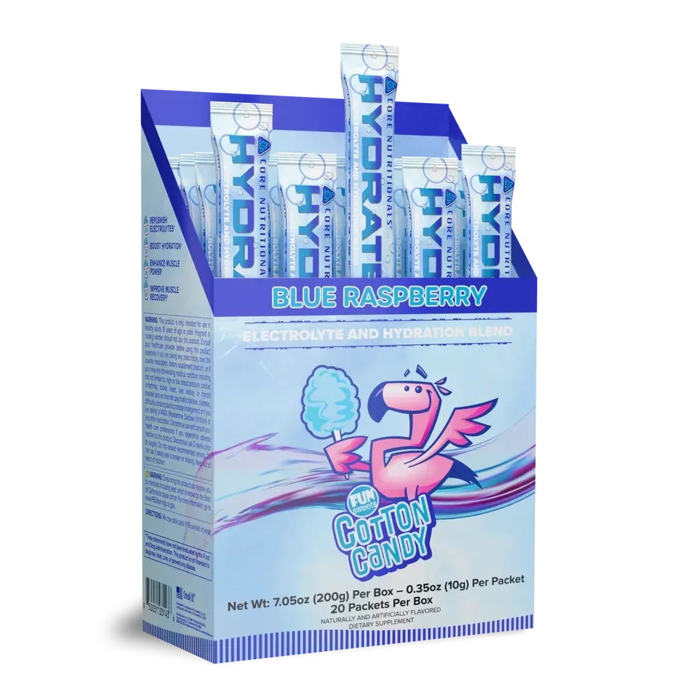 Core Nutritionals Hydrate, Flavor: Fun Sweets Blue Raspberry, Size: 1 Box (20 Individual Serving Packs)
