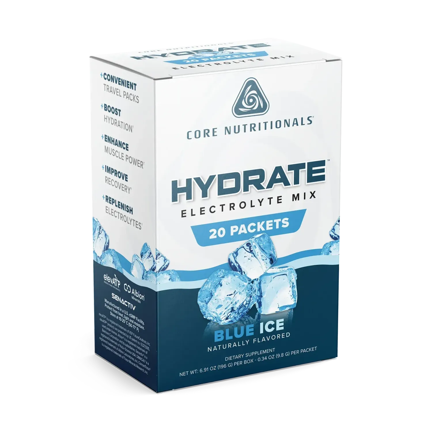 Core Nutritionals Hydrate, Flavor: Blue Ice, Size: 1 Box (20 Individual Serving Packs)