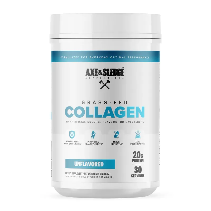 Axe &amp; Sledge Grass-Fed Collagen, unflavored, 20g protein, 30 servings, white container with blue accents.