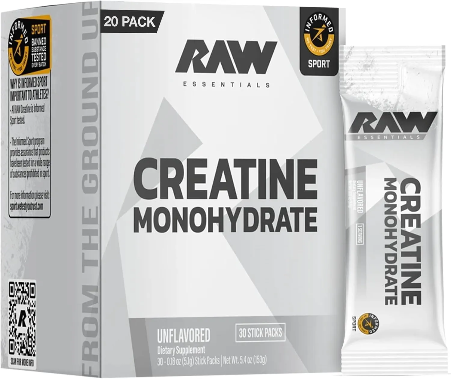 Raw Nutrition Creatine Stick Packs, Flavor: Unflavored, Size: Pack of 30