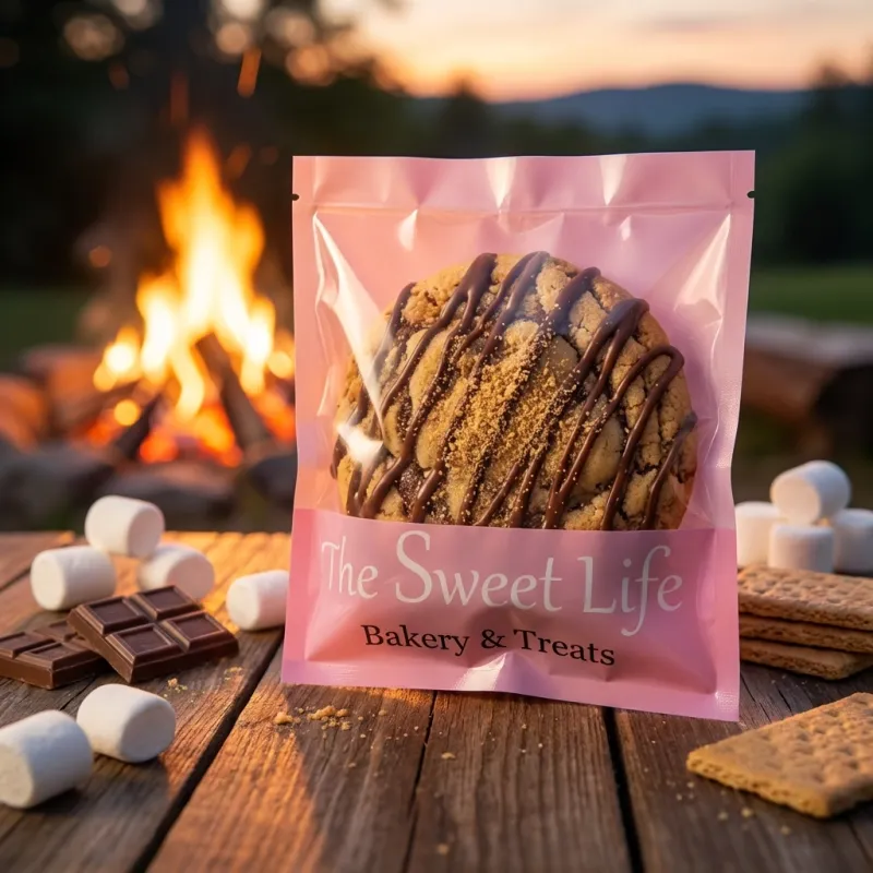 The Sweet Life Protein Cookie, gourmet high-protein  in pink packaging on a wooden table with chocolate and marshmallows.
