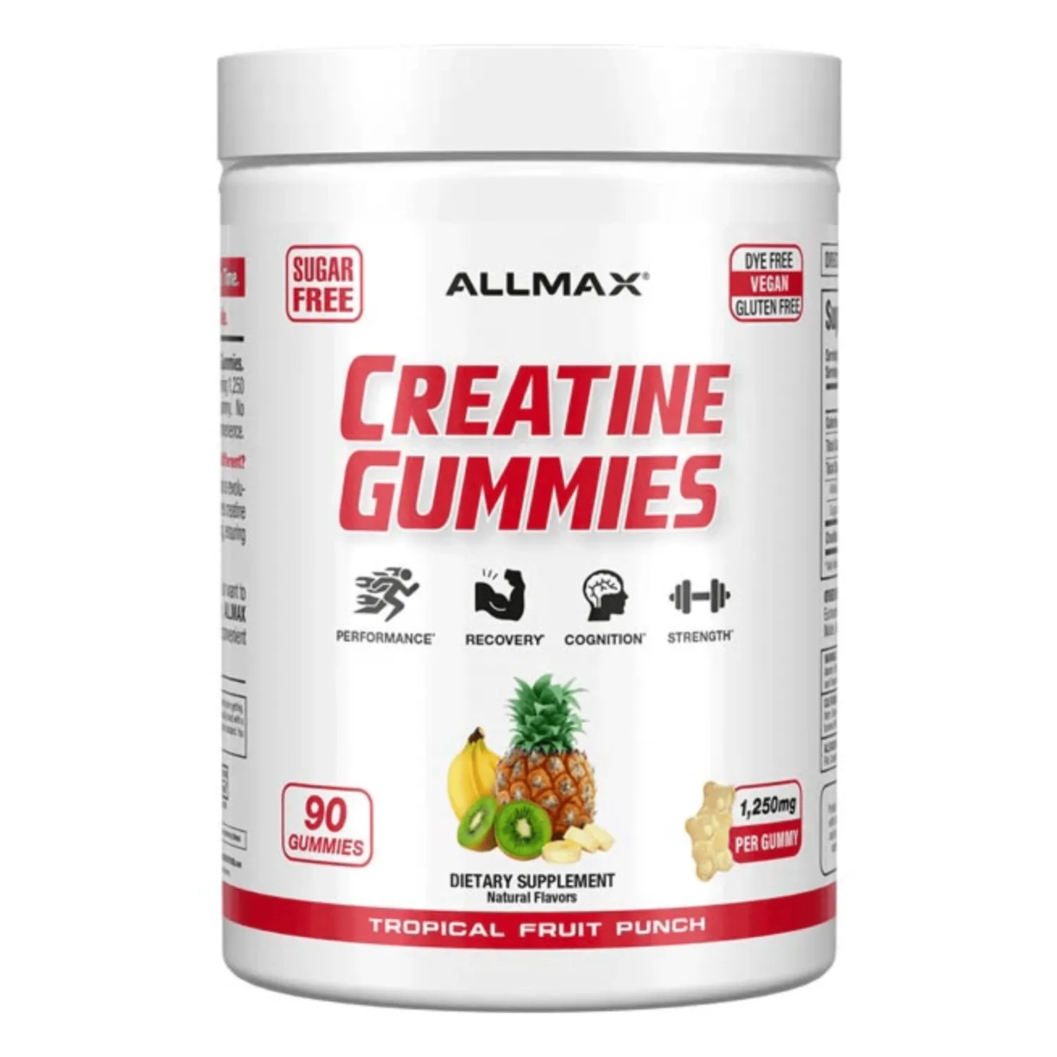 ALLMAX Creatine Gummies, 90 sugar-free tropical fruit punch flavored gummies, 1,250mg creatine monohydrate per serving, vegan, gluten-free.