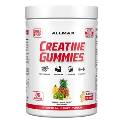 ALLMAX Creatine Gummies, 90 sugar-free tropical fruit punch flavored gummies, 1,250mg creatine monohydrate per serving, vegan, gluten-free.