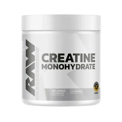 RAW Nutrition Creatine Monohydrate, unflavored, 5.29 oz, 30 servings, white container with gray label.