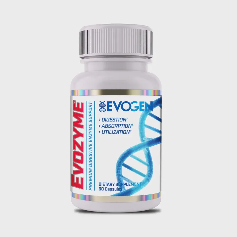 Evogen Evozyme dietary supplement bottle, 60 capsules, premium digestive enzyme support for digestion.