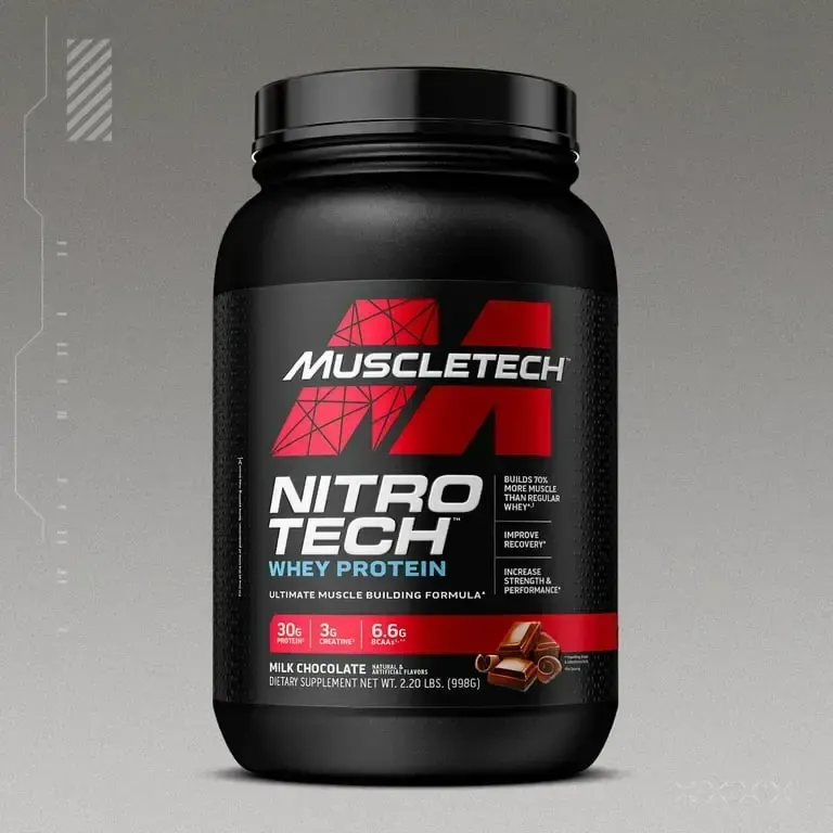 MuscleTech Nitro Tech Whey Protein container, 2.20 lbs, milk chocolate flavor, featuring 30g protein and 3g creatine per serving.