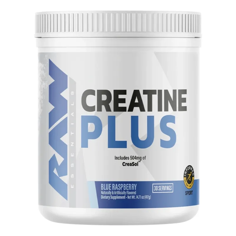 RAW Nutrition Creatine Plus, blue raspberry flavor, white container, 30 servings, dietary supplement for strength and recovery support.