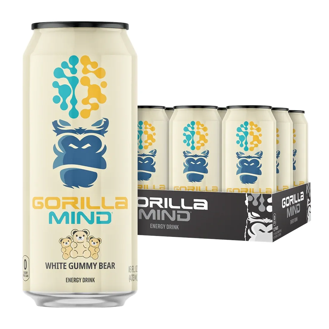 Gorilla Mind Energy Drink - Case, Flavor: White Gummy Bear, Size: Case of 12 (12 fl oz each)