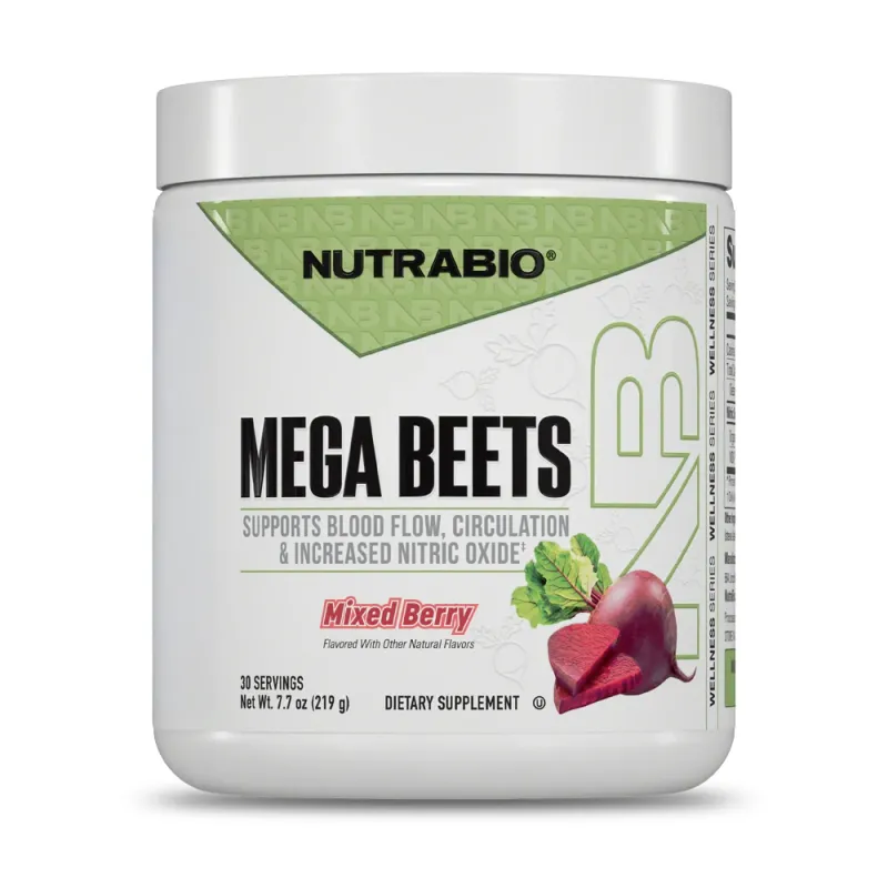 NutraBio Mega Beets Mixed Berry beet root powder supplement, 7.7oz, supports blood flow and nitric oxide production.