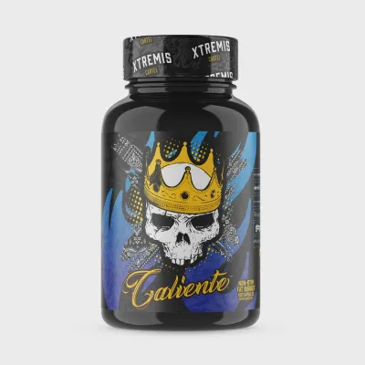 Xtremis Cartel Caliente Non-Stim Fat Burner supplement bottle with skull and crown design, black color,  Xtremis branding.