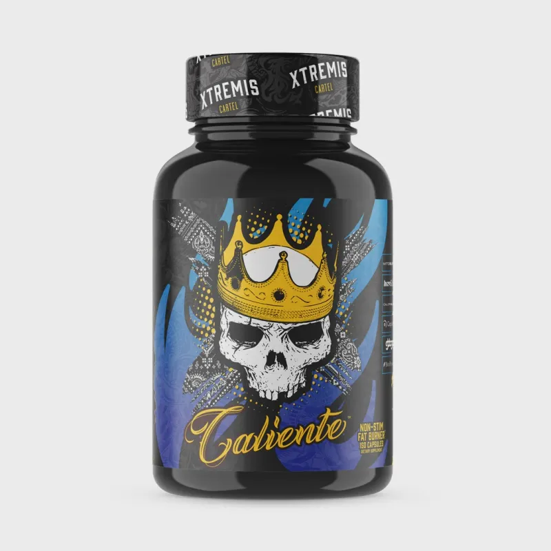 Xtremis Cartel Caliente Non-Stim Fat Burner supplement bottle with skull and crown design, black color,  Xtremis branding.
