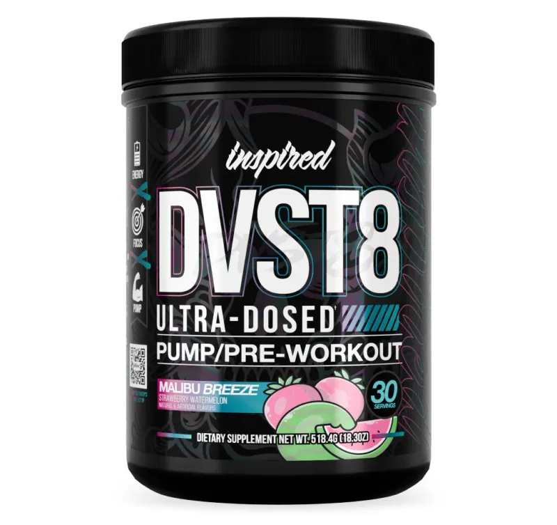 Inspired DVST8 25 Ultra-Dosed Pre-Workout, Malibu Breeze flavor, black container with pink and green fruit graphics, 30 servings, Inspired Nutrition supplement.