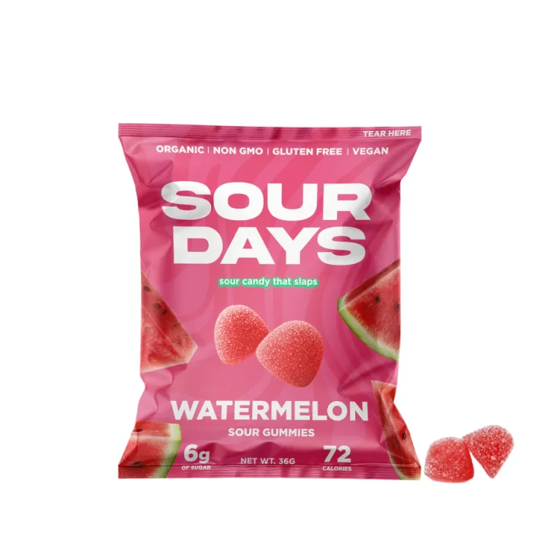 Sour Days Watermelon Sour Gummies, organic sour candy in pink bag with white and green text, featuring watermelon slices and gummies.