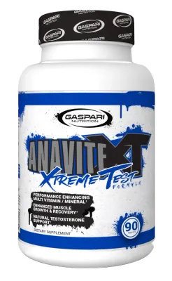 Gaspari Nutrition Anavite XT, a white bottle with blue accents and black cap, labeled as performance enhancing multivitamin and mineral supplement.