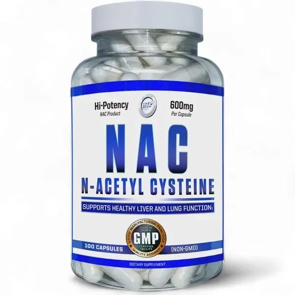 Hi-Tech NAC N-Acetyl Cysteine 600mg, 100 capsules, supports healthy liver and lung function, non-GMO dietary supplement in clear plastic bottle.