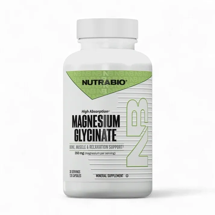 NutraBio Magnesium Glycinate Capsules, white bottle with green accents, featuring high absorption magnesium for bone, muscle, and relaxation support.