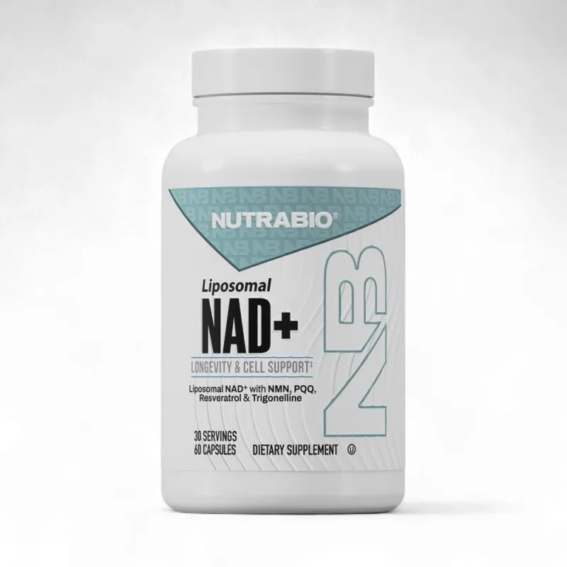 NutraBio Liposomal NAD+ dietary supplement, white bottle with blue accents, 30 servings, 60 capsules, longevity and cell support formula.