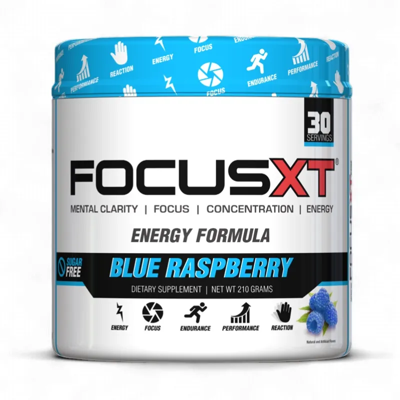 Serious Nutrition Solutions Focus XT Energy Formula, blue raspberry flavor, sugar-free dietary supplement container with 30 servings, 210g net weight.