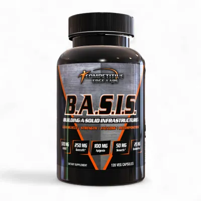 Competitive Edge Labs BASIS Competitive Edge Labs BASIS dietary supplement bottle, black with silver and orange label, 120 veg capsules, natural anabolic muscle builder.