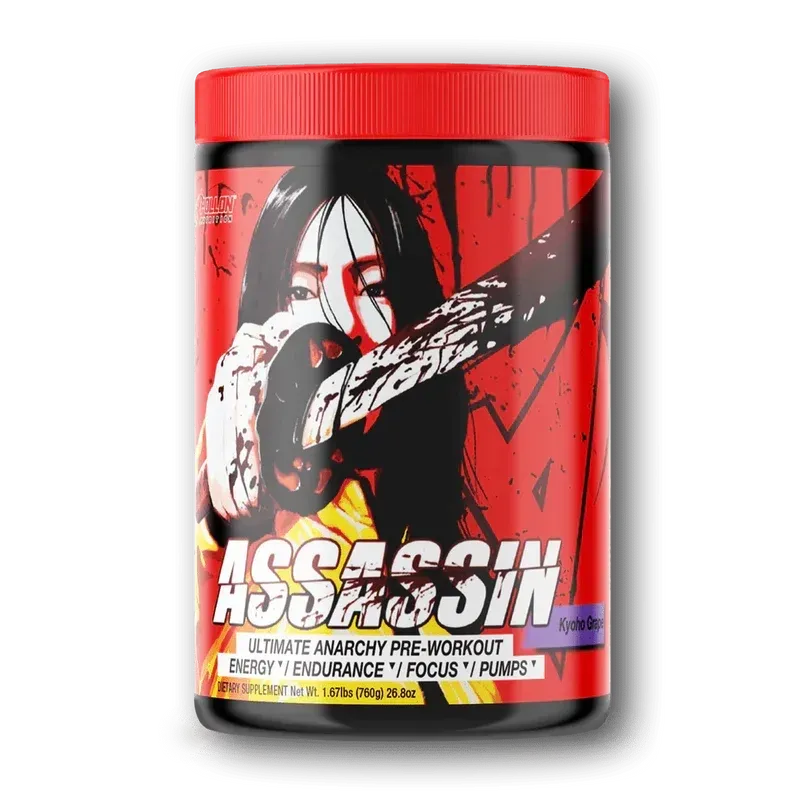 Apollon Nutrition Assassin V9 Pre-Workout container, red lid, black and red label with ninja graphic, high-stimulant performance supplement for energy and endurance.